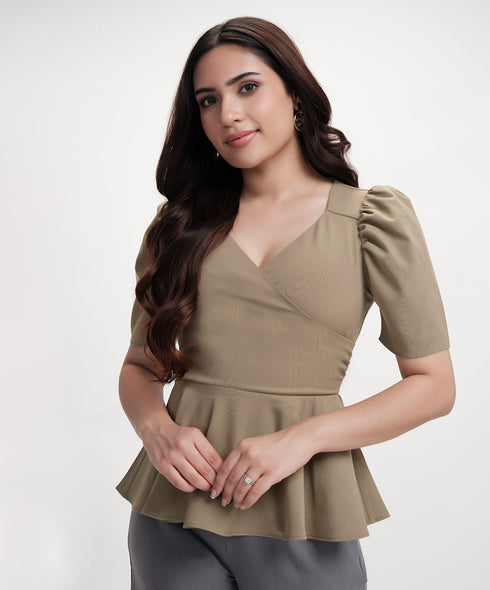 Vneck Sleeve Detailed Peplum Top