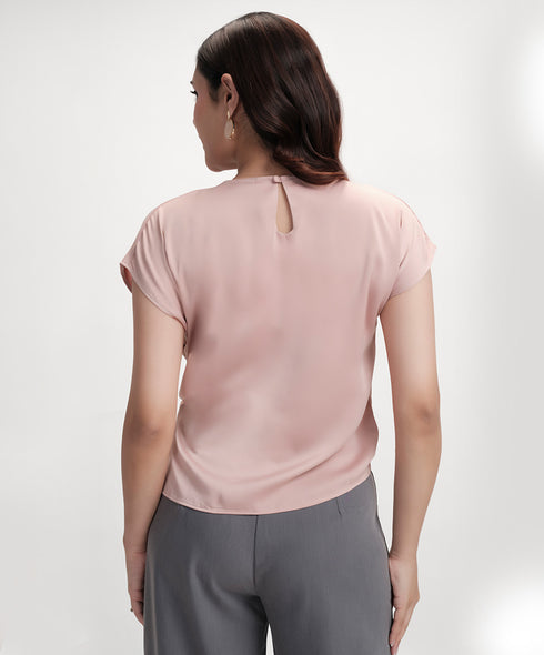 Waist Tie Round Neck Satin Pink Top