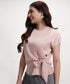 Waist Tie Round Neck Satin Pink Top