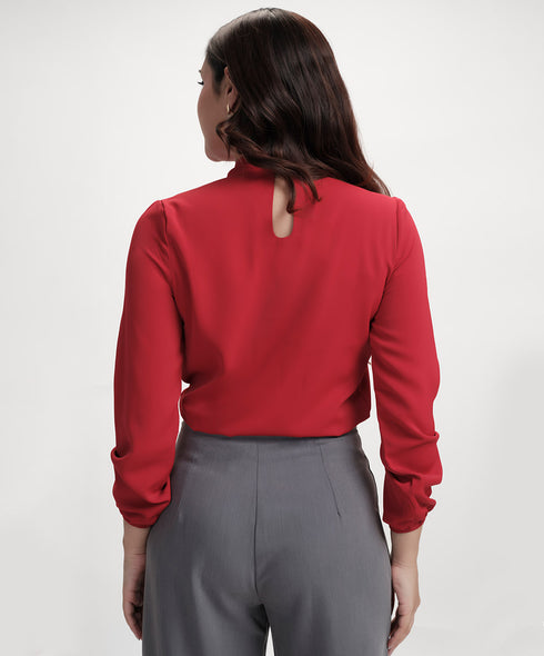 Neck Tie Long Sleeve Red Chiffon Top
