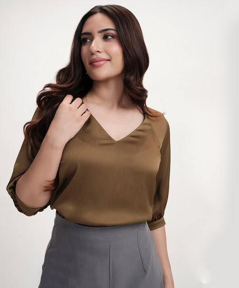 Vneck Satin Short Sleeve Top