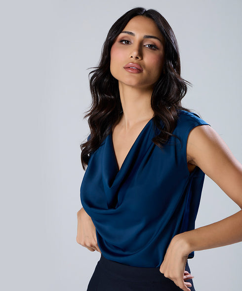 Cowl Neck Short Sleeve Satin Teal Top