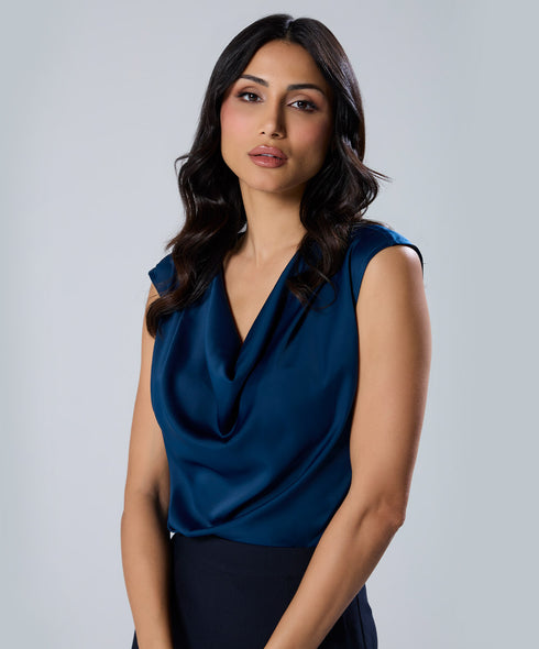 Cowl Neck Short Sleeve Satin Teal Top