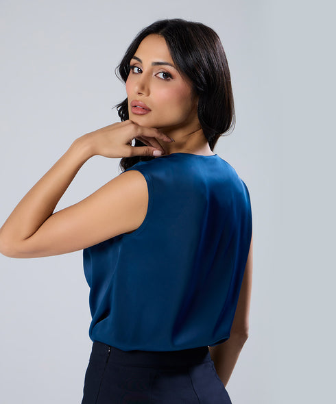 Cowl Neck Short Sleeve Satin Teal Top