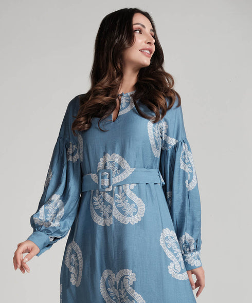 Puffed Sleeve Printed Round Neck Dress-Blue Print