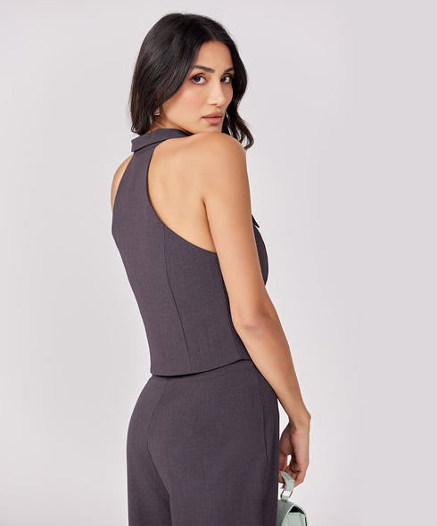Halter Neck Buttoned Dark Grey Waistcoat