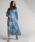 Puffed Sleeve Printed Round Neck Dress-Blue Print