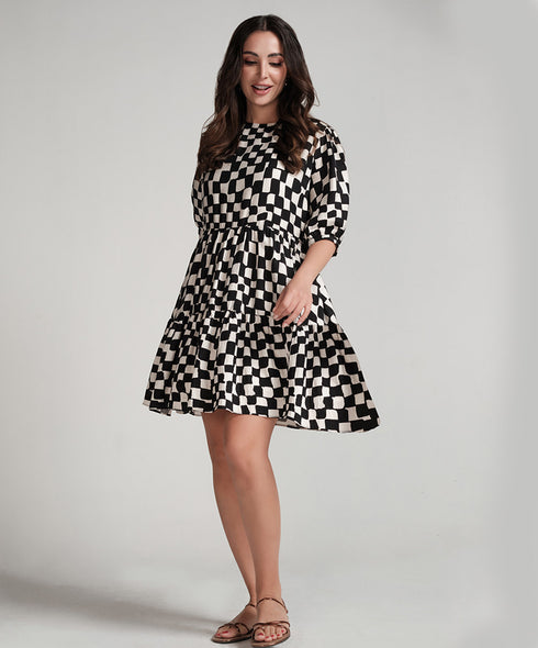 Diagonal Panel Printed Short Dress