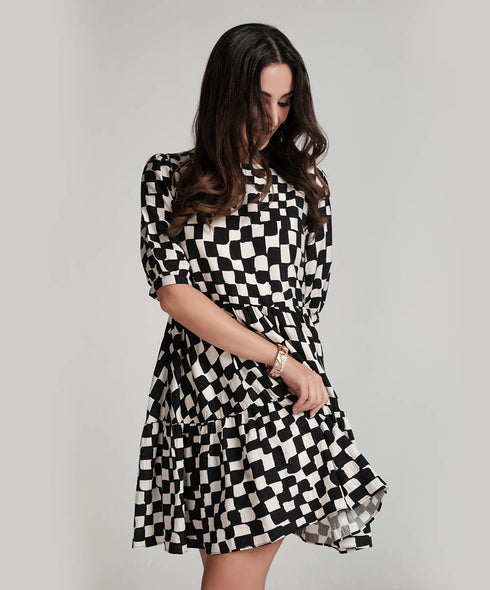 Diagonal Panel Printed Short Dress