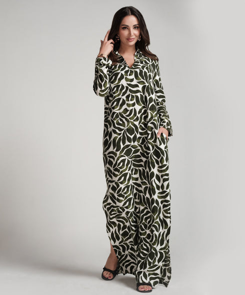 Green Printed Dress With Side Pockets