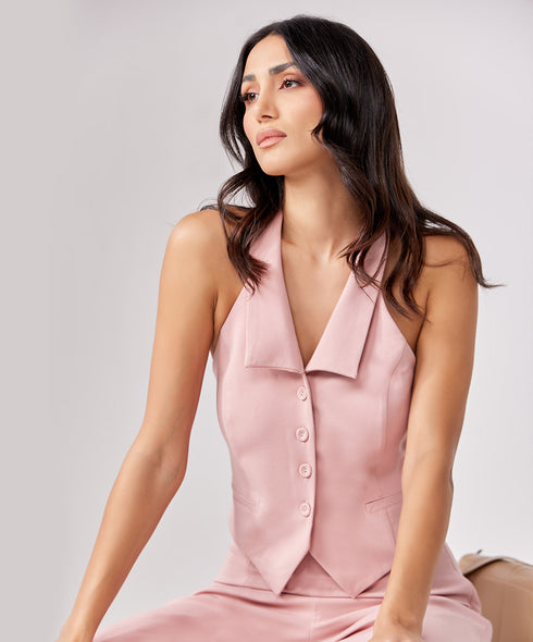 Halter Neck Buttoned Pink Waistcoat