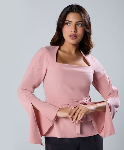 Split Sleeve Square Neck Peplum Pink Top
