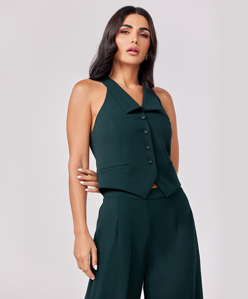 Halter Neck Buttoned Dark Green Waistcoat