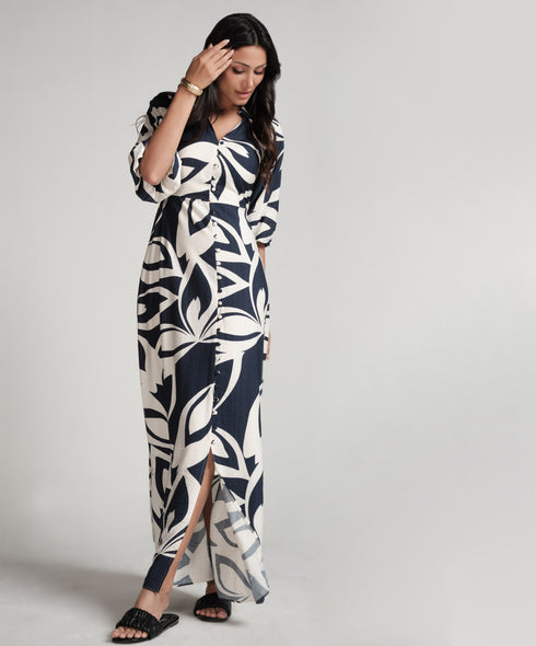 Front Buttoned Blue Printed Maxi Dress