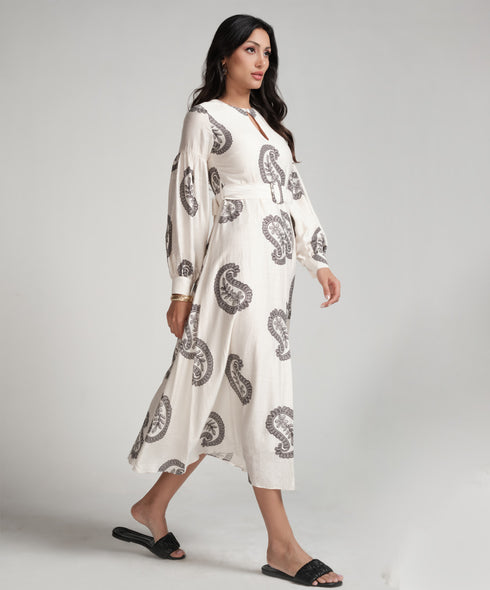 Puffed Sleeve Printed Round Neck Dress-Off White