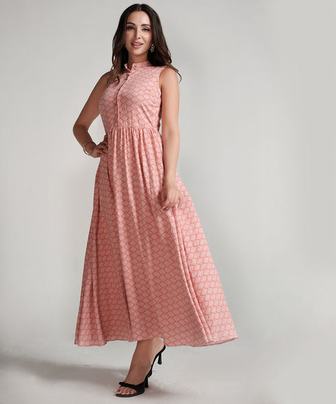 Sleeveless Printed Waist Gathered Pink Dress