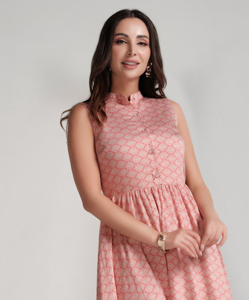 Sleeveless Printed Waist Gathered Pink Dress