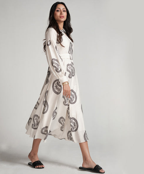 Puffed Sleeve Printed Round Neck Dress-Off White