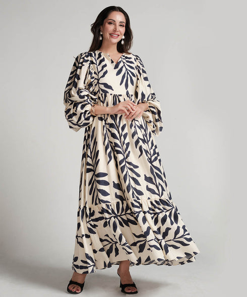 Vneck Elasticated Sleeve Loose Fitted Printed Dress-Blue Print