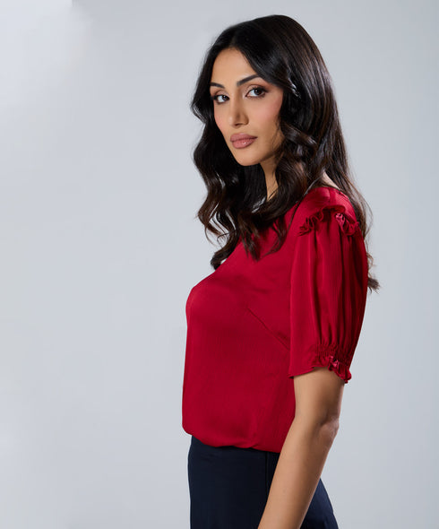 Vneck Frill Attached Maroon Short Sleeve Top