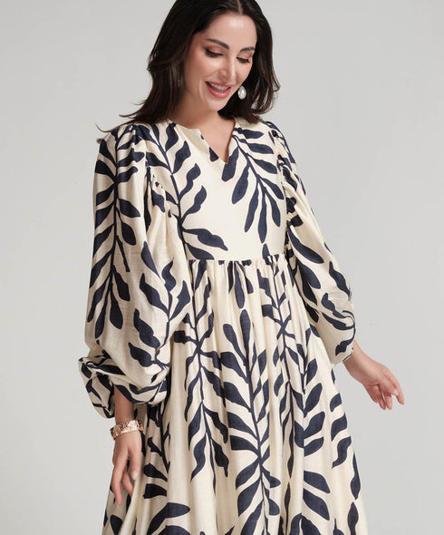 Vneck Elasticated Sleeve Loose Fitted Printed Dress-Blue Print