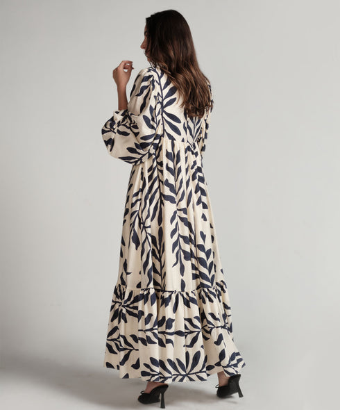 Vneck Elasticated Sleeve Loose Fitted Printed Dress-Blue Print