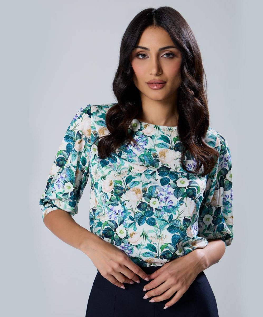 Printed Puff Sleeve Round Neck Blouse