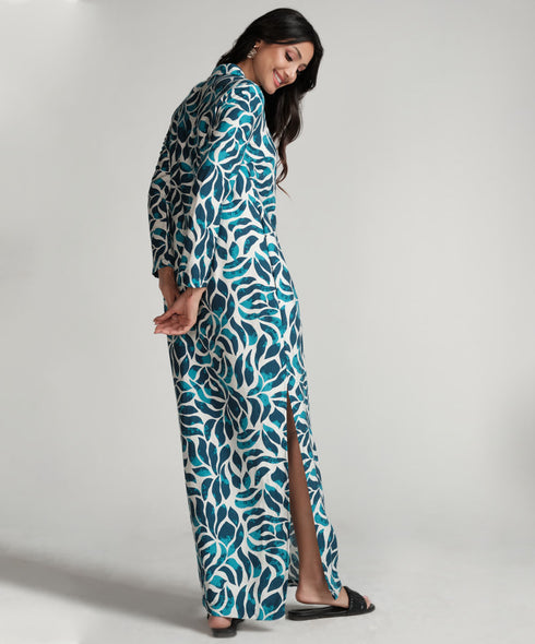 Blue Printed Dress With Side Pockets