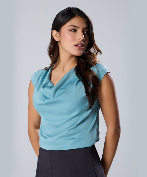 Cowl Neck Short Sleeve Satin Top