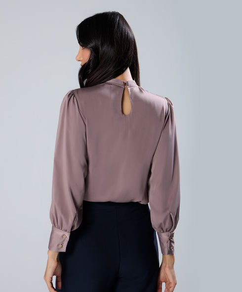 Neck Pleated Long Sleeve Brown Top
