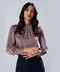 Neck Pleated Long Sleeve Brown Top