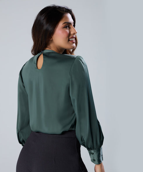 Neck Pleated Long Sleeve Green Top