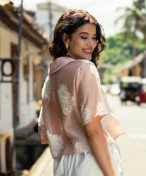 Lapel Pink Detailed Embroidered Top