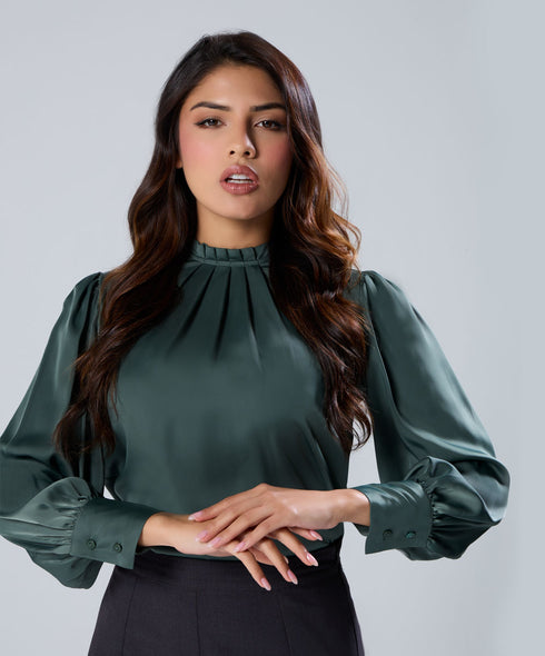 Neck Pleated Long Sleeve Green Top