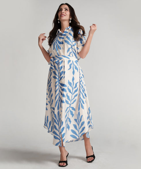 Asymmetrical Hem Blue Printed Dress