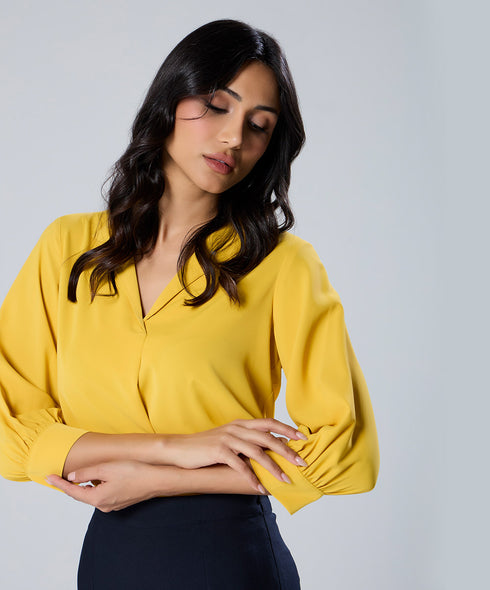 Lapel Collared Chiffon Half Sleeve Yellow Top