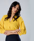 Lapel Collared Chiffon Half Sleeve Yellow Top