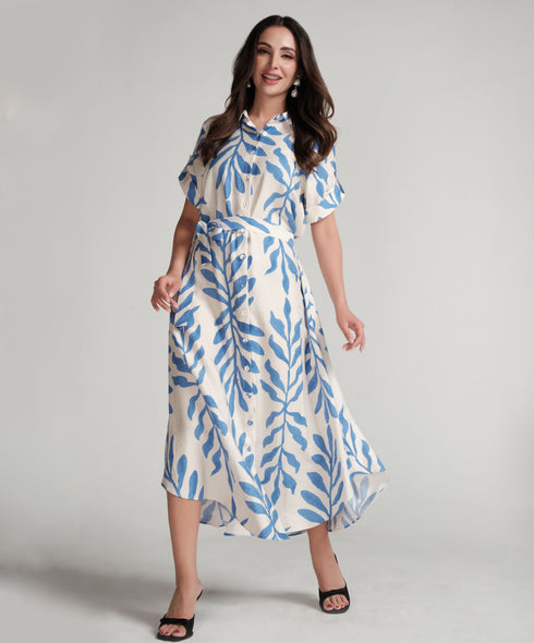 Asymmetrical Hem Blue Printed Dress