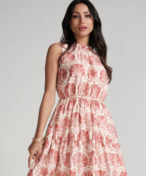 Waist And Neck Detailed Printed Dress-Pink Print
