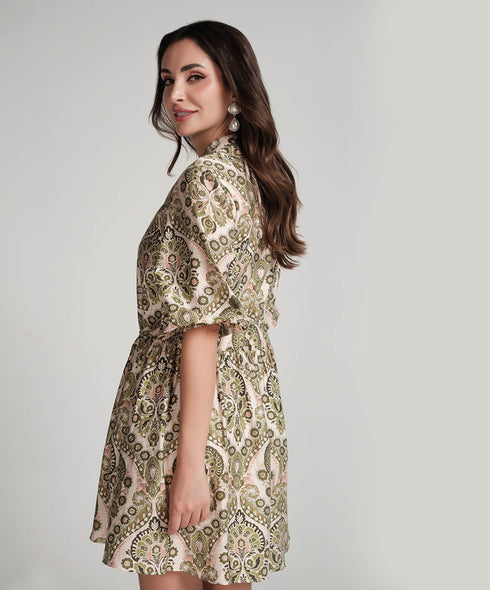 Front Buttoned Printed Mini Dress-Green