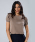 Pleated Sleeve Round Neck Brown Top
