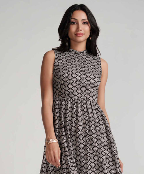 Sleeveless Printed Waist Gathered Black Dress