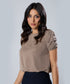 Pleated Sleeve Round Neck Brown Top
