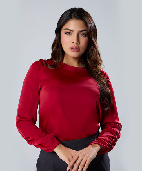 Long Sleeve Gathered Satin Red Top