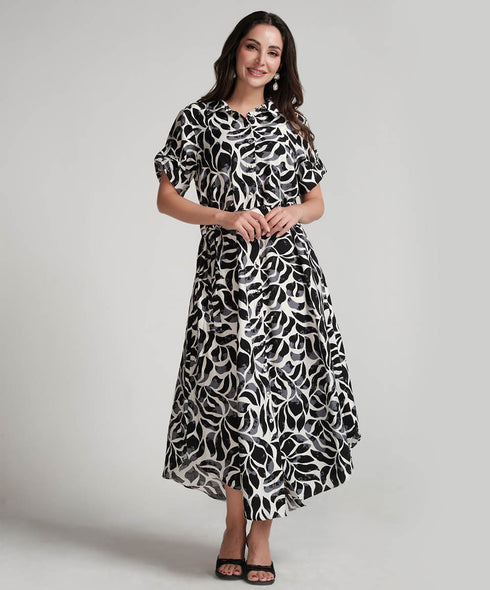 Asymmetrical Hem Black Printed Dress