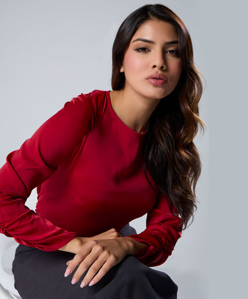 Long Sleeve Gathered Satin Red Top