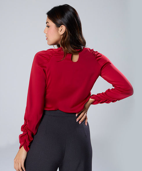 Long Sleeve Gathered Satin Red Top