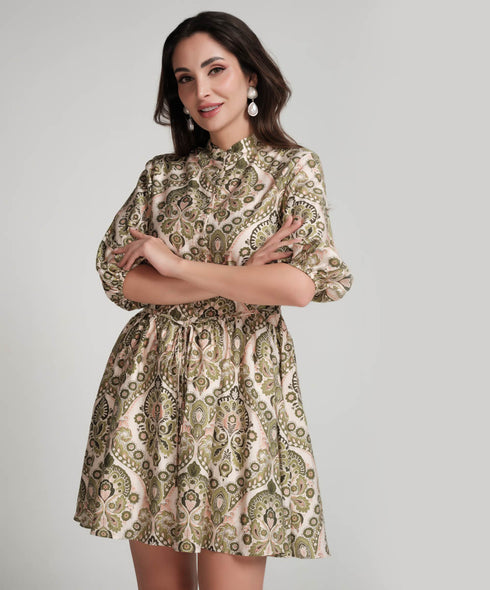 Front Buttoned Printed Mini Dress-Green