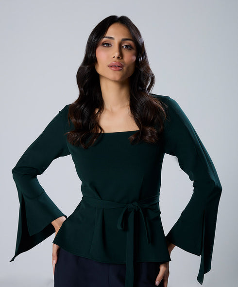 Split Sleeve Square Neck Peplum Green Top