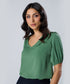 Vneck Pleated Green Half Sleeve Top